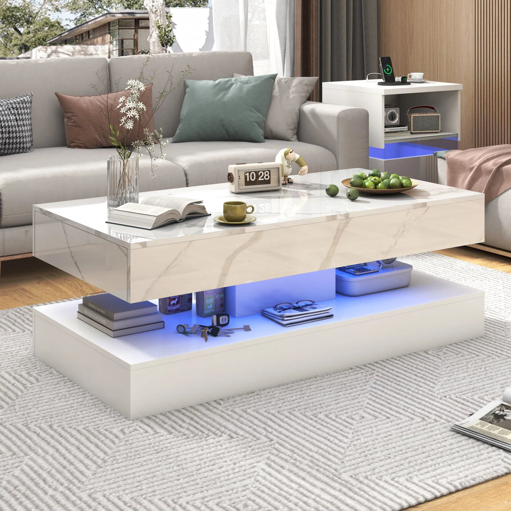 Modern Stylish Coffee Table with LED lights, Double-Layer Design for Living Room Coffee Table with 2 Storage Drawers 