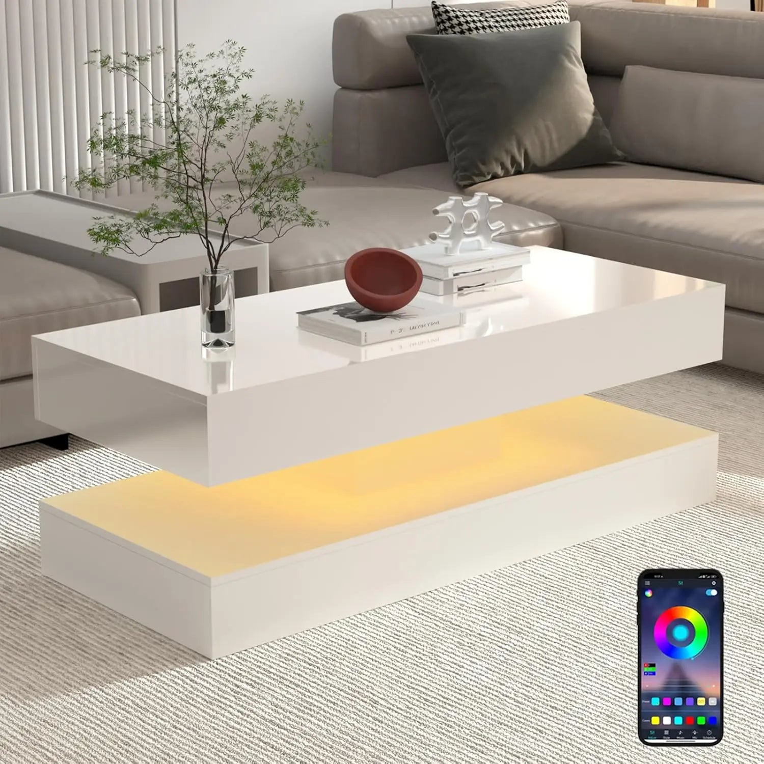 Modern Stylish Coffee Table with LED lights, Double-Layer Design for Living Room Coffee Table with 2 Storage Drawers 