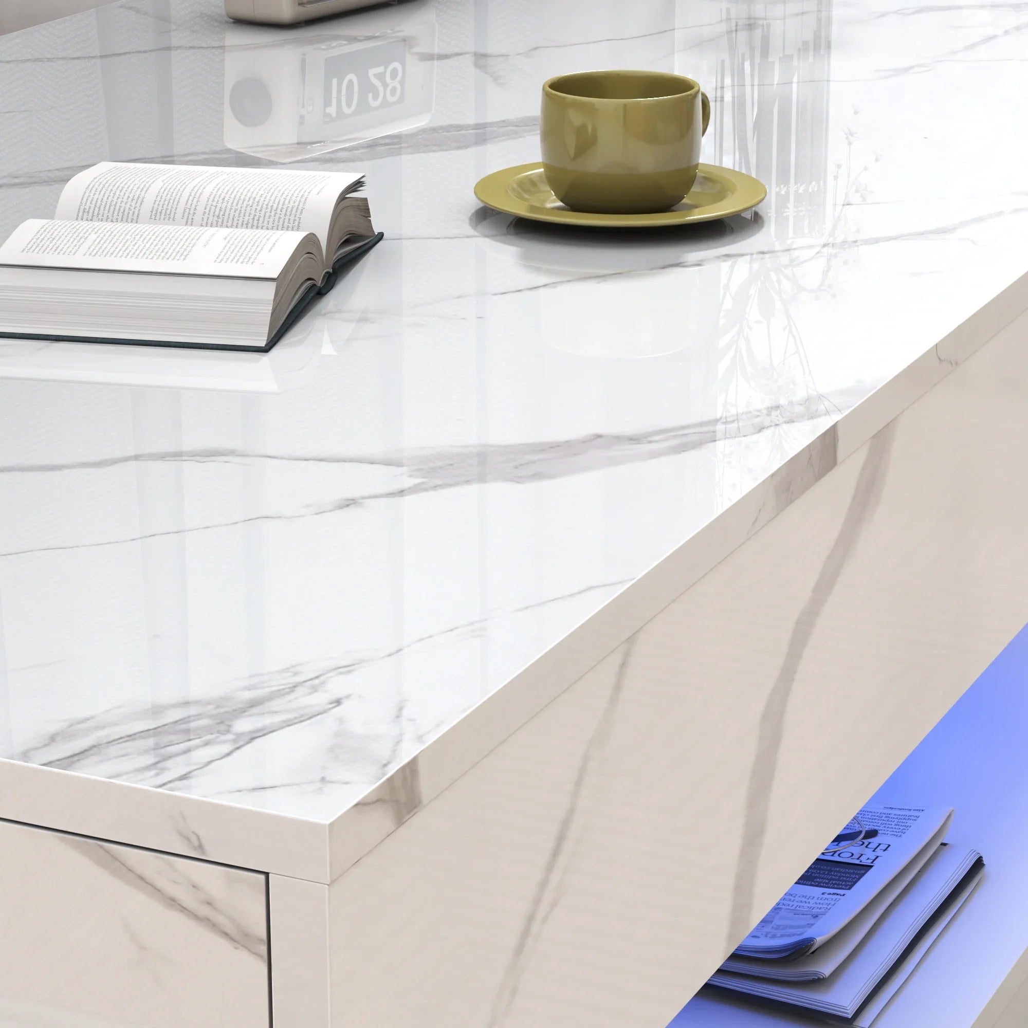 Modern Stylish Coffee Table with LED lights, Double-Layer Design for Living Room Coffee Table with 2 Storage Drawers 