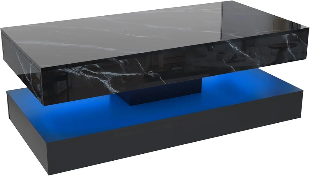 Modern Stylish Coffee Table with LED lights, Double-Layer Design for Living Room Coffee Table with 2 Storage Drawers 
