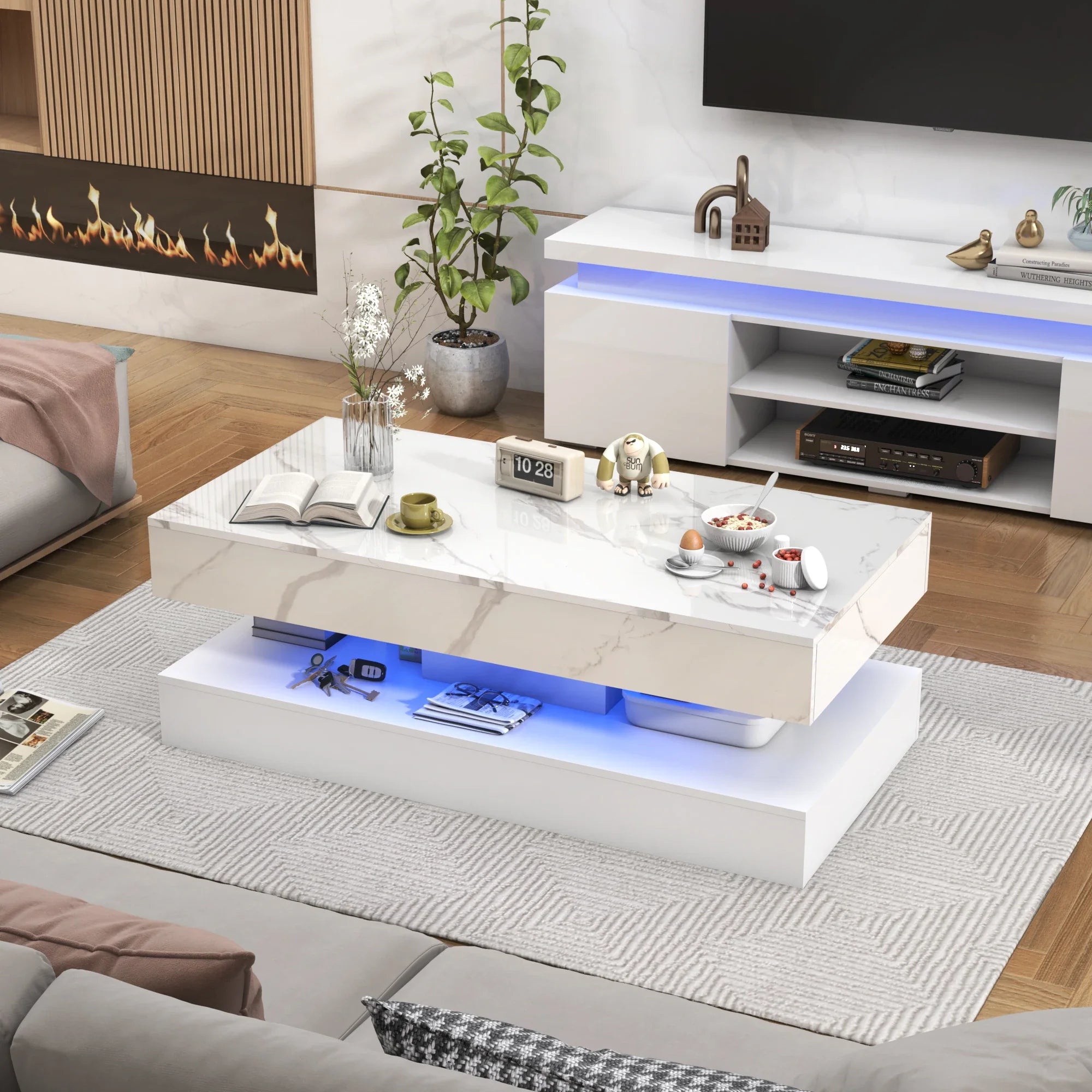 Modern Stylish Coffee Table with LED lights, Double-Layer Design for Living Room Coffee Table with 2 Storage Drawers 