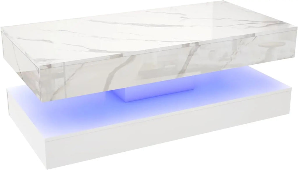 Modern Stylish Coffee Table with LED lights, Double-Layer Design for Living Room Coffee Table with 2 Storage Drawers 