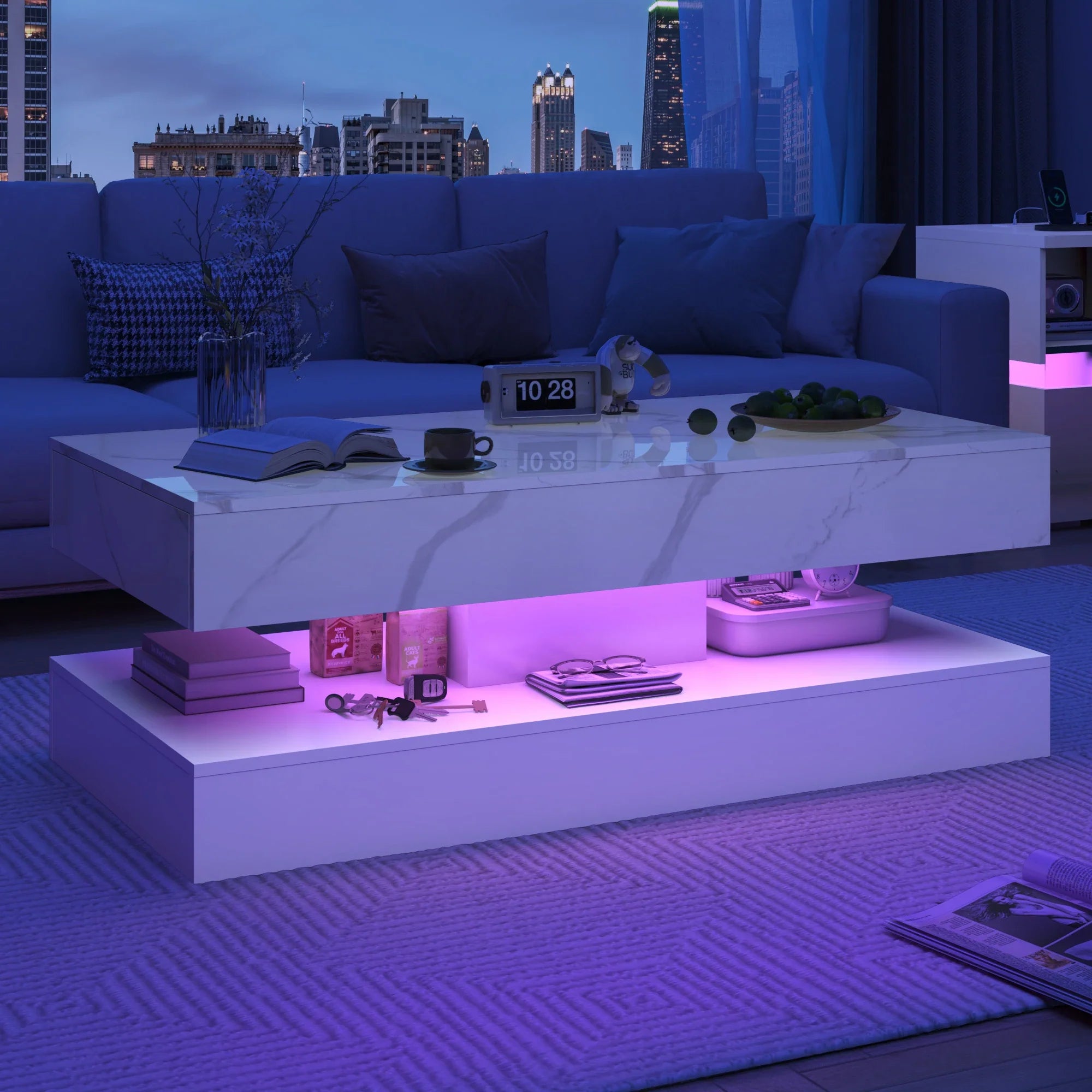 Modern Stylish Coffee Table with LED lights, Double-Layer Design for Living Room Coffee Table with 2 Storage Drawers 