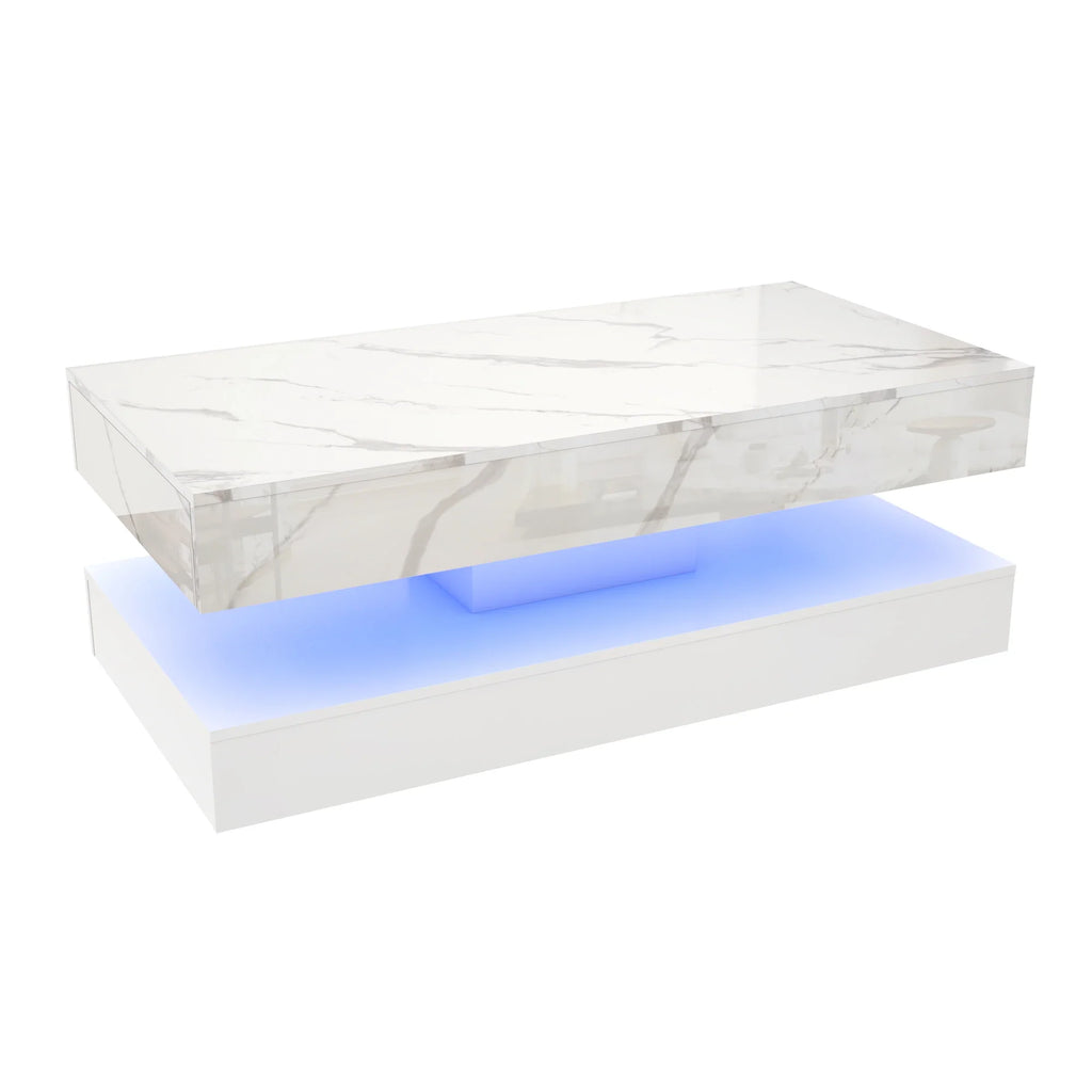 Modern Stylish Coffee Table with LED lights, Double-Layer Design for Living Room Coffee Table with 2 Storage Drawers 